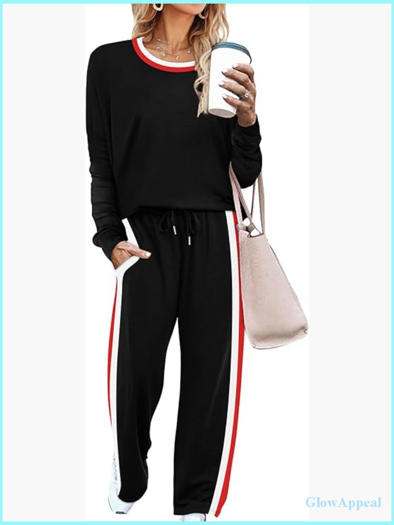 2 Piece Lounge Sets Long Sleeve Top Wide Leg Sweatpants Sweatsuits With Pockets